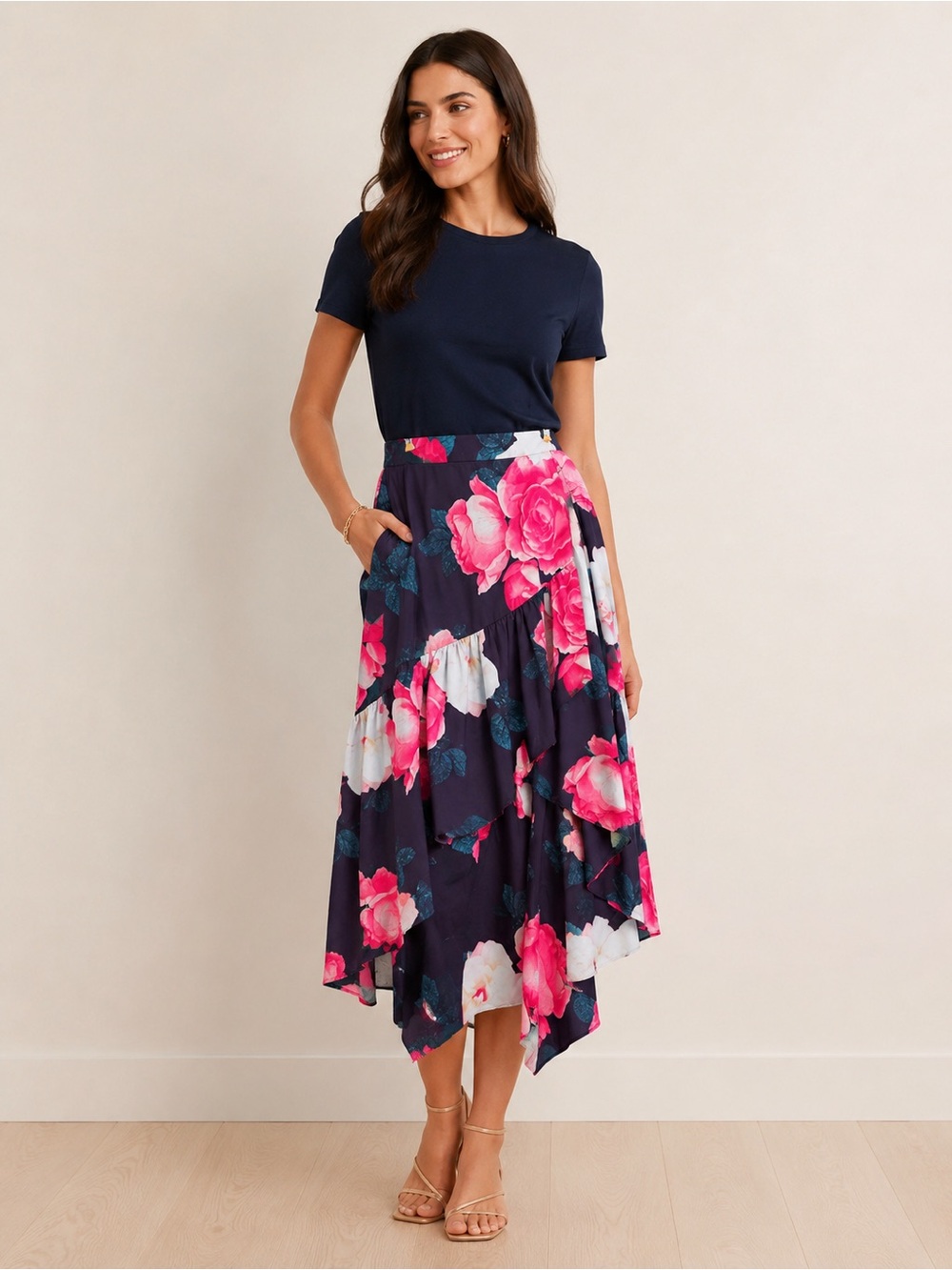 Eliza J Taffeta High Low Maxi Skirt Floral SZ 12 Cottagecore